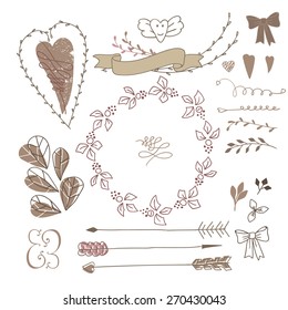 Set decoration. Consists of leaves, twigs, buds, wreaths. White background.