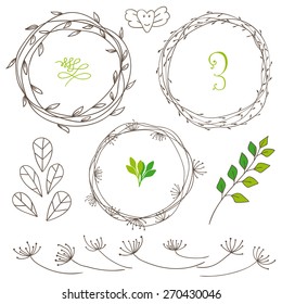 Set decoration. Consists of leaves, twigs, buds, wreaths. White background.