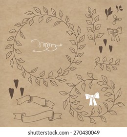 Set decoration. Consists of leaves, twigs, buds, wreaths. Background kraft.