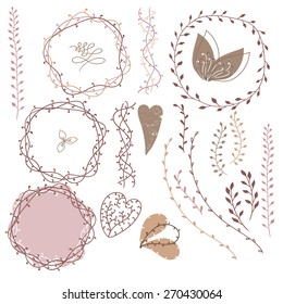 Set decoration. Consists of leaves, twigs, buds, wreaths. White background.