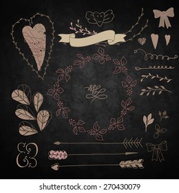 Set decoration. Consists of leaves, twigs, buds, wreaths. Background chalkboard.