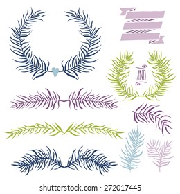 Set decoration. Consists of leaves, twigs, buds, wreaths. White background.