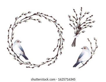 Set of decoration elements with gray-blue bird and branches blooming willow tree, circle frame, bouquet, twig. Vector spring illustration in vintage watercolor style, isolated on white background.