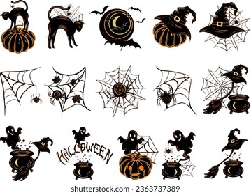 Set of decoration elements for Halloween in black color. EPS vector  illustration for design