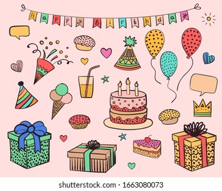 Conjunto de elementos decorativos y gastronómicos para la fiesta de cumpleaños. Bandera, torta, torta, sombrero de fiesta, globos de aire, regalos, regalos, caja, fuegos artificiales, helados, cóctel. Doodle para diseño gráfico y web