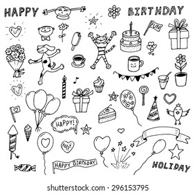 Set of Decoration Happy Birthday Stylish Fun Invitation Sketch Icons for Holiday Days, Celebration Party, Anniversary, Event. Best Modern Design Vector Illustration: Hand Drawn Doodles Art Elements. 