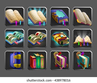 Set of decoration icons for games. Collection of magic books. Vector illustration.