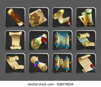 Set of decoration icons for games. Collection of scrolls, parchments, maps. Vector illustration.