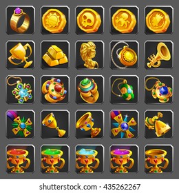 Set of decoration icons for games. Golden reward, treasure, achievement and token. Vector illustration.