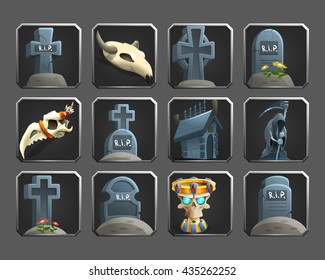 Set of decoration icons for games. Grave, death and sculls. Vector illustration.