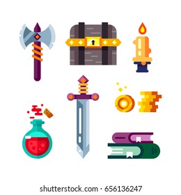 Set of decoration icons for games: magic books and a candle, sword and ax, closed antique treasure chest with coins and a bottled potion. Collection of medieval magic icons. Vector flat illustration.