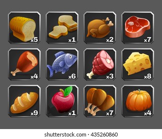 Set of decoration icons for games. Meat, bread, fish and other food. Vector illustration.