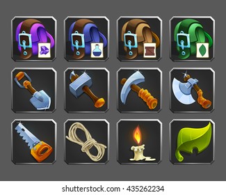 Set of decoration icons for games. Tools, bags, candle, rope. Vector illustration.