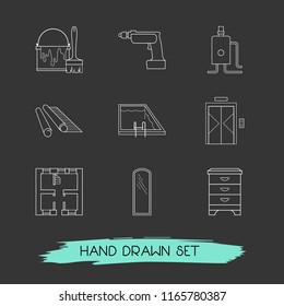 Set of decoration icons line style symbols with wallpaper, floor plan, bucket with brush and other icons for your web mobile app logo design.