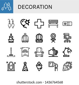 Set of decoration icons such as Forest, Earrings, Burst, Cross, Bench, Cracker, Candle, Bird cage, Cactus, Chair, Brush, Banner, Armchair, Fire, Desk lamp, Full length mirror , decoration