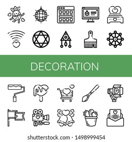 Set of decoration icons such as Love, Mirror ball, Torah, Tiles, Dreamcatcher, Banner, Brush, Buddhism, Paint roller, Wedding day, Bells, Paint brush, Cactus, Spotlight , decoration