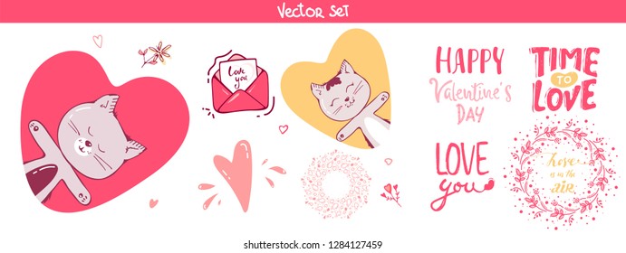 set of decoration, lettering elements for valentine day, vector illustration. cute cat, hearts. Vector collection. romantic brush lettering hand written elements. pink, labels, invitation.love you
