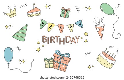 Set Decoration of Linar Vector Elements, Happy Birthday Doodle concept illustration, web graphic, element, party, sketch, color	