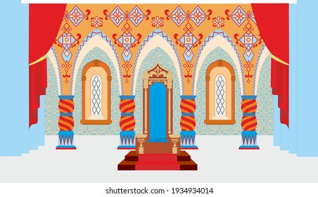 Set of decoration of medieval Slavic fairytale. Tsar (king) hall with a throne