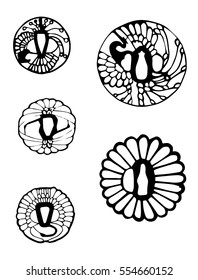 Set of a decoration on the handle of the sword of the samurai. Japanese tsuba hand drawn sketch