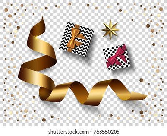 Set of decoration on transparent background for happy new year party 2018, realistic gold ribbon, confetti, star, christmas gift.