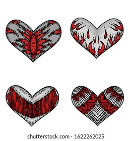 Set of decoration patterned heart with style mandalas on white background. 