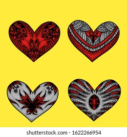 Set of decoration patterned heart with style mandalas. 