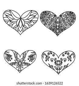 Set of decoration patterned heart with style mandalas on white background 