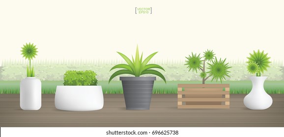 Set of decoration plants in flowerpot on wooden deck. Vector illustration.
