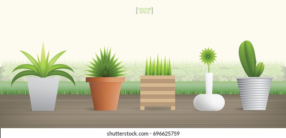 Set of decoration plants in flowerpot on wooden deck. Vector illustration.