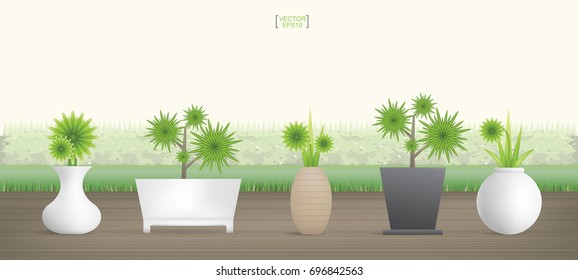 Set of decoration plants in flowerpot on wooden deck. Vector illustration.