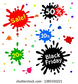 Set for decoration sales with colored blots with inscriptions isolated on white background