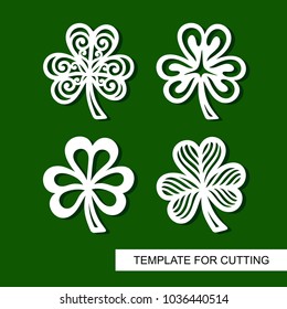 Set of decoration for St. Patrick's Day. Collection of openwork shamrock. Clover icon. Template for laser cutting, wood carving, paper cut and printing.  Vector silhouette of element.