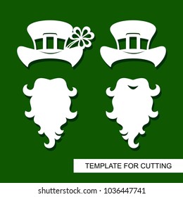 Set of decoration for St. Patrick's Day: Beard, hat with buckle, shamrock. Template for laser cutting, wood carving, paper cut and printing. Vector illustration.