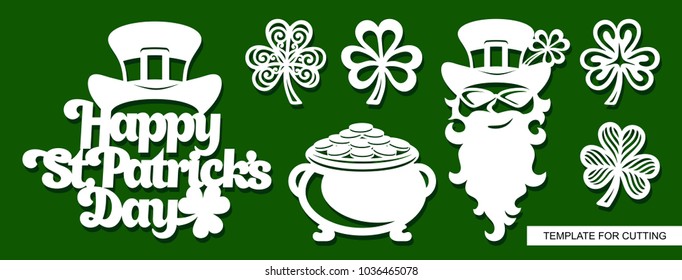 Set of decoration for St. Patrick's Day:  Leprechaun, pot full of golden coins, shamrock and  phrase "Happy St Patricks Day". Template for laser cutting, wood carving, paper cut and printing. Vector.