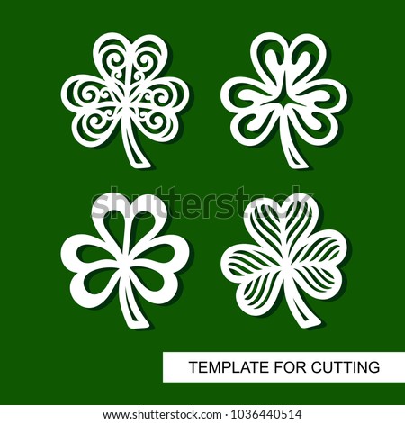 Set of decoration for St. Patrick's Day. Collection of openwork shamrock. Clover icon. Template for laser cutting, wood carving, paper cut and printing.  Vector silhouette of element.