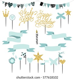 Set of decoration, toppers, candles and garlands with flags. Vector hand drawn illustration, scandinavian style in mint colors with gold glittering elements.