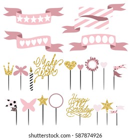 Set of decoration, toppers, candles and garlands with flags. Vector hand drawn illustration, scandinavian style in pink colors with gold glittering elements.