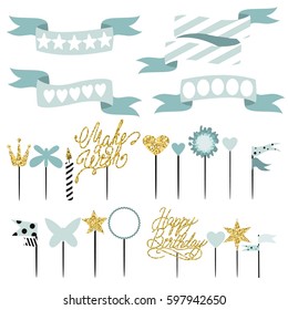 Set of decoration, toppers, candles and garlands with flags. Vector hand drawn illustration, scandinavian style in mint colors with gold glittering elements