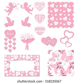Set decoration for Valentine's Day. Isolated objects in the form of hearts, cupids, doves. Frames and seamless patterns. You can use for holiday cards, invitations, decorations. Vector illustration.