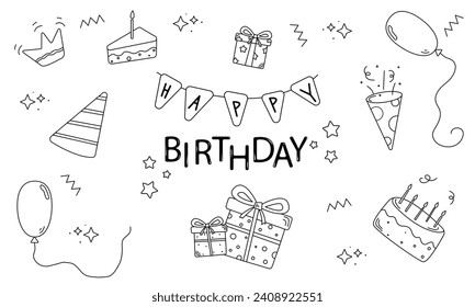 Set decoration of vector Happy Birthday Doodle concept illustration, web graphic, element, party, sketch	