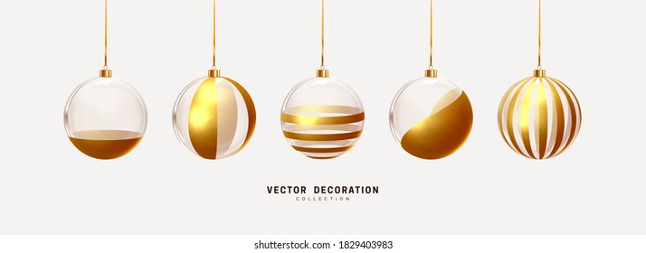 Set of Decoration Xmas Realistic balls bauble hanging on ribbon. Merry Christmas and Happy New Year. Festive transparent glass 3d golden balls. vector illustration