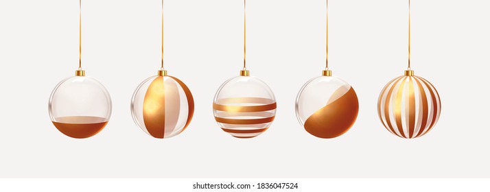 Set of Decoration Xmas Realistic balls bauble hanging on ribbon. Merry Christmas and Happy New Year. Festive transparent glass 3d golden balls. vector illustration