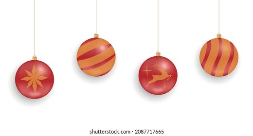 Set of Decoration Xmas Realistic balls bauble hanging on ribbon. Merry Christmas and Happy New Year. Festive transparent glass 3d golden red balls. vector illustration