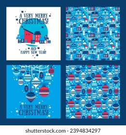 Conjunto de decoraciones para navidades en estilo escandi, patrones y tarjetas sin fisuras, ilustración vectorial