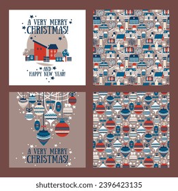 Conjunto de decoraciones para navidades en estilo escandi, patrones y tarjetas sin fisuras, ilustración vectorial