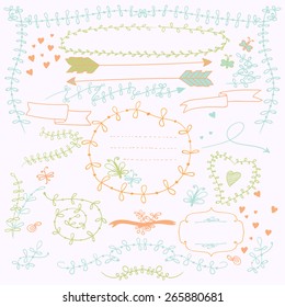 Set decorations. Contains floral elements branches, leaves, different positions and shapes. The composition is located on a background of white. Color version.