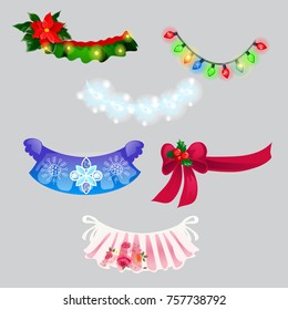 A set of decorations in the form of Christmas garlands and necklaces isolated on grey background. Vector cartoon close-up illustration.