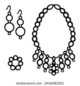 Set of decorations. Sketch. Collection of vector illustrations. A bracelet, a pair of long earrings, a necklace made of dangling beads and a flower in the center. Precious pearl products. 