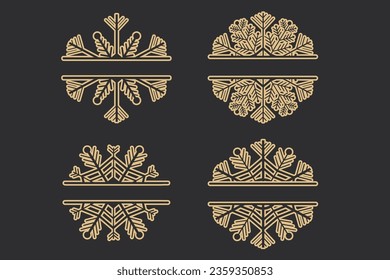 Set Decorations snowflake frame, golden monogram for text, cutout, line isolated on background. Christmas holidays, winter symbol, greeting. 